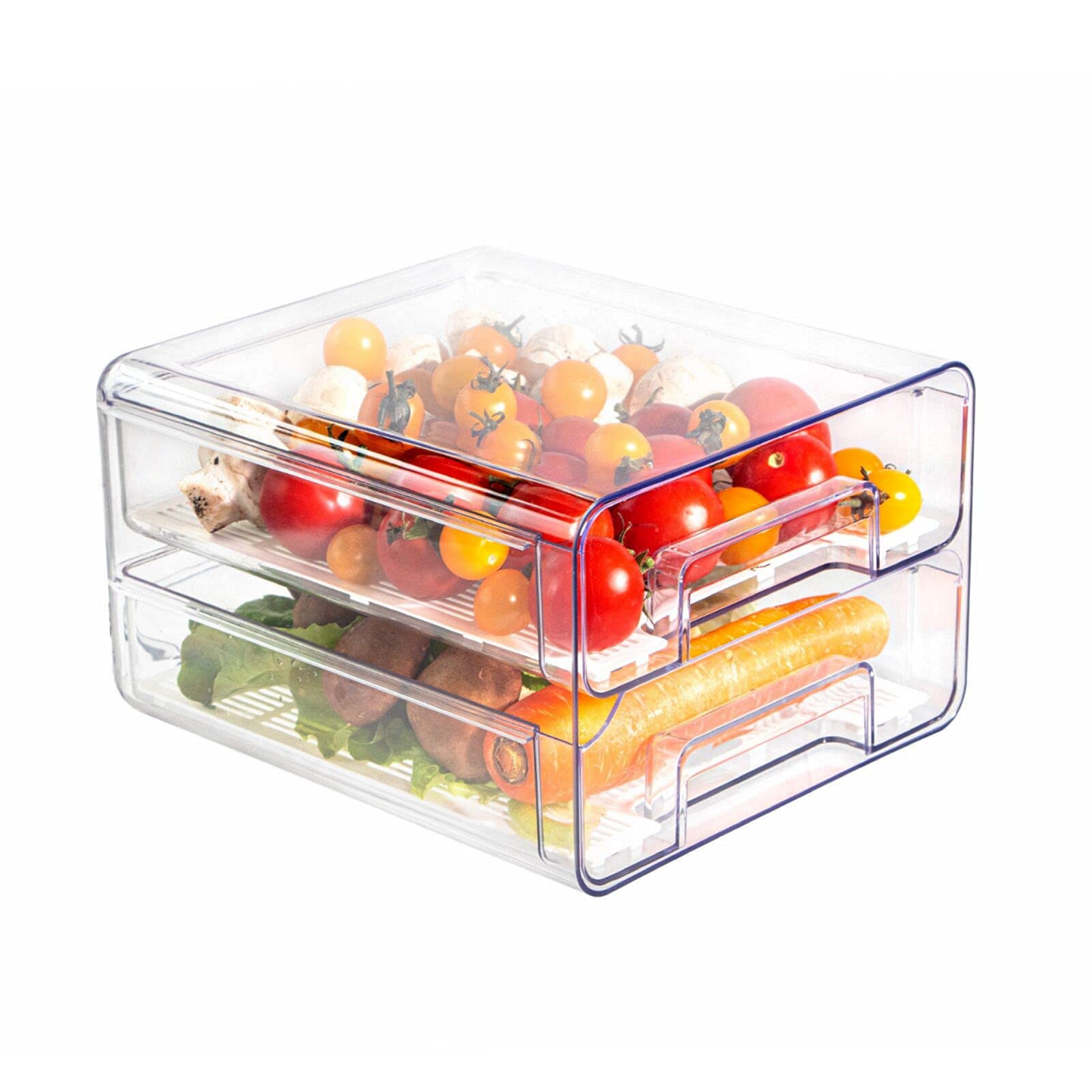 Qielie Food Storage Containers-Double Layer Pantry Organizer with Lids, Removable Drain Tray Fruit Vegetables Storage Rack Clear Fridge Storage Stackable Meal Fresh Keeper Bins