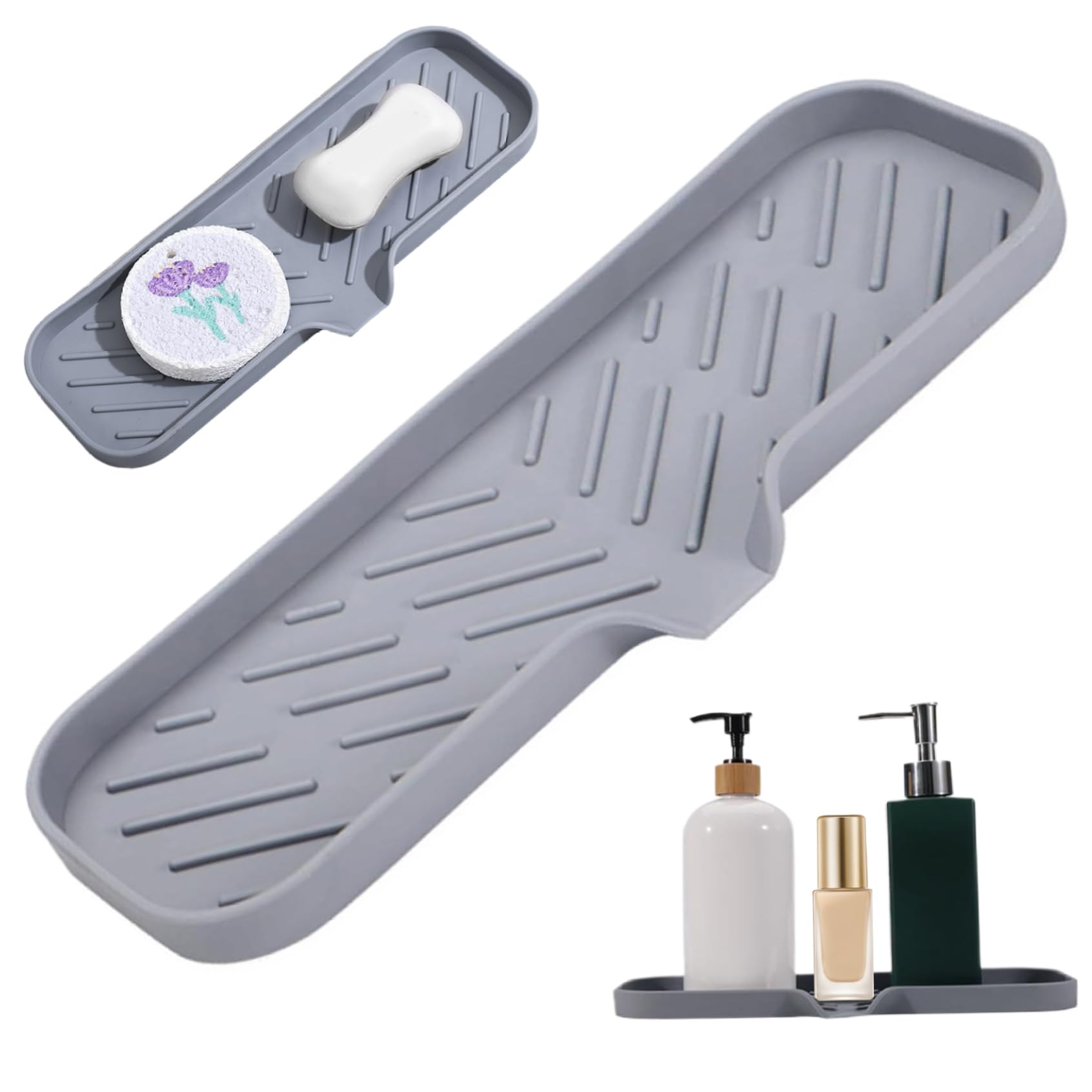 Kitchen Sink Caddy Bathroom Soap Tray 11.8x4.7x0.7" Flexible Non-slip Silicone Sponge Holder Self Draining Kitchen Sink Caddy Creative Drain Mat Soap Holder