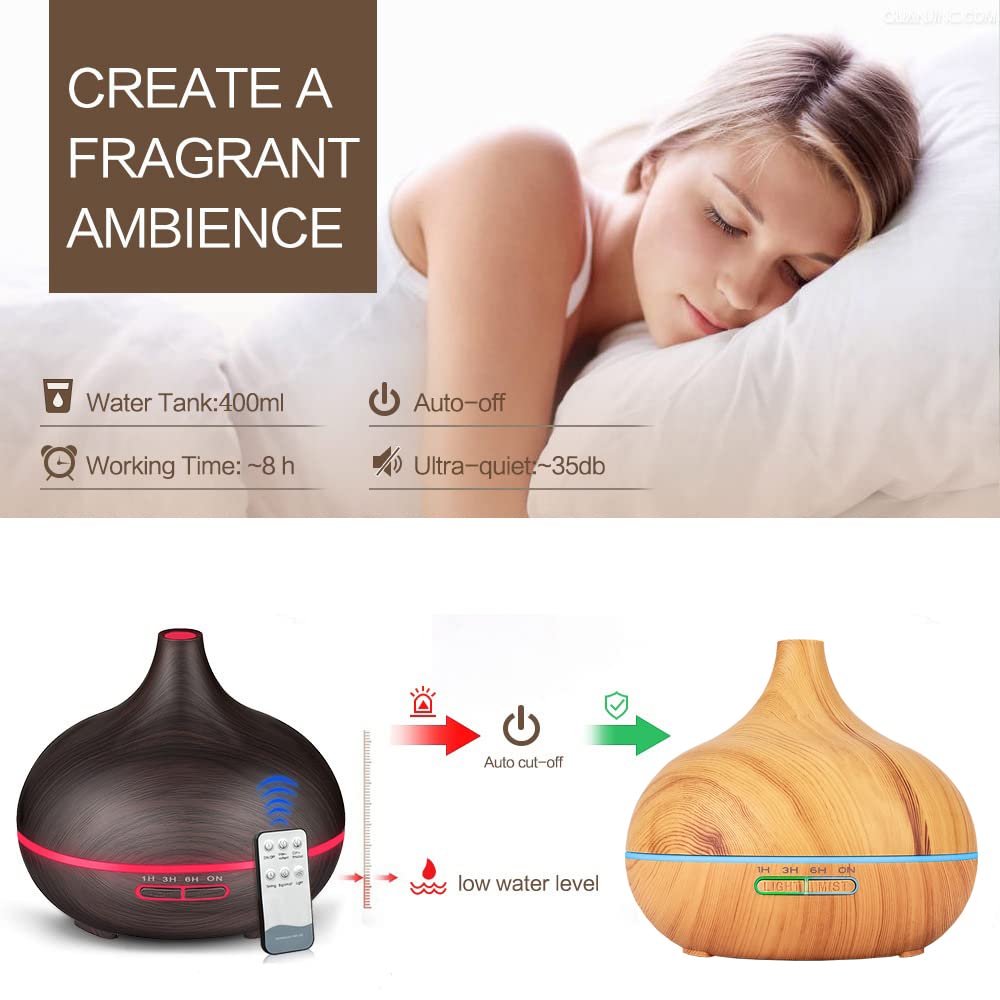 400ML Luftbefeuchter für Schlafzimmer Elektrischer Aromatherapie-Befeuchter im Holzmaserung mit 7-farbigem LED-Licht Leise Aroma Diffuser Wasserlose Auto-Off Duftöldiffusoren (Schwarz)