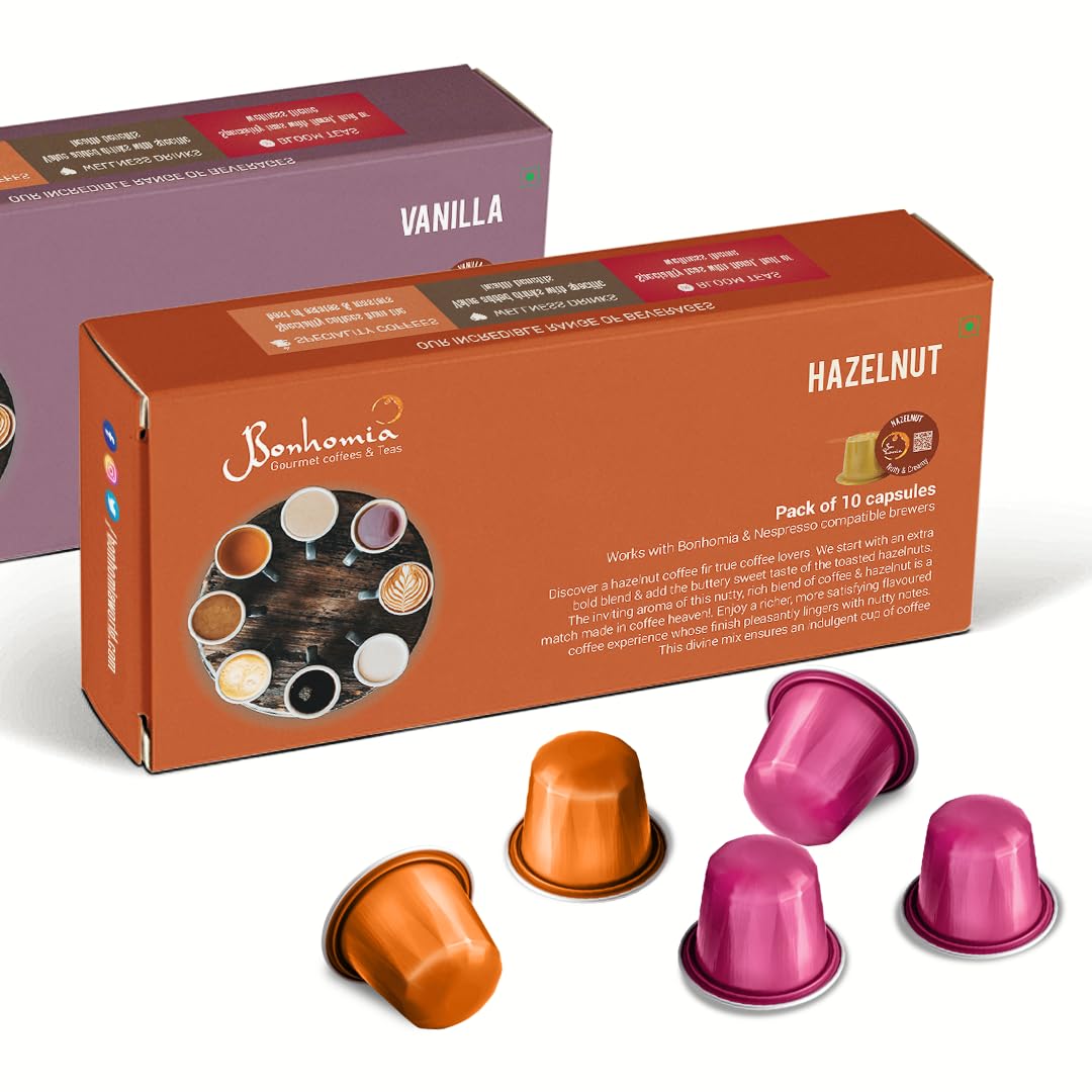 Bonhomia Espresso Flavored Coffee Combo - Hazelnut & Vanilla - 40 Aluminum Capsules | Compatible with Most Brewers (Original Line Machines) | Premium AAA Grade Beans