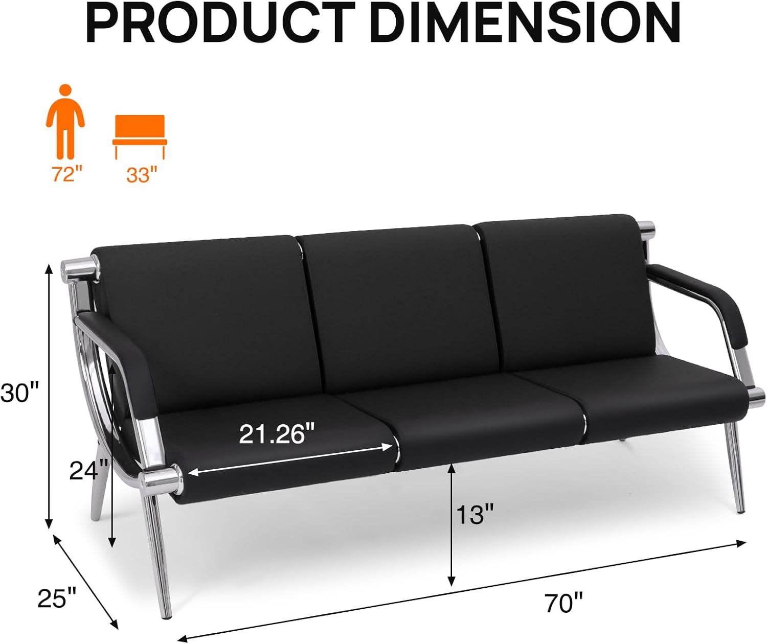 Waiting Room Bench with Armrest, Lobby Conference Reception Bench, PU Leather Office Furniture,Office Guest Seating for Clinic,Airport,Hospital,Barber,Salon,Bank (Chrome & Black, 3-Seat)