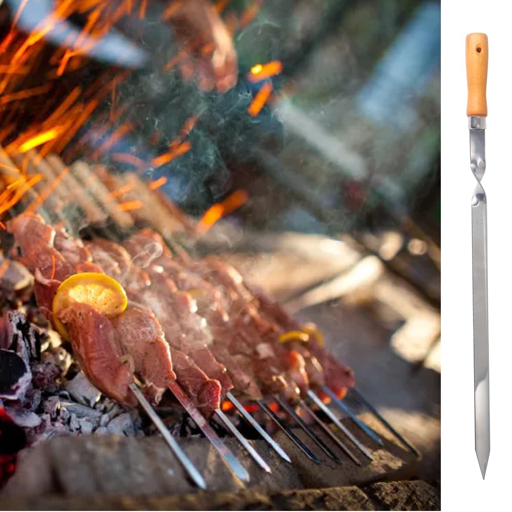 ZMC 20 spiedini per kebab da 55 cm, in acciaio inox, 2 cm di larghezza, 2 mm di spessore, con manico in legno, antiruggine, per carne, verdure, pesce, stabili e riutilizzabili per barbecue e barbecue