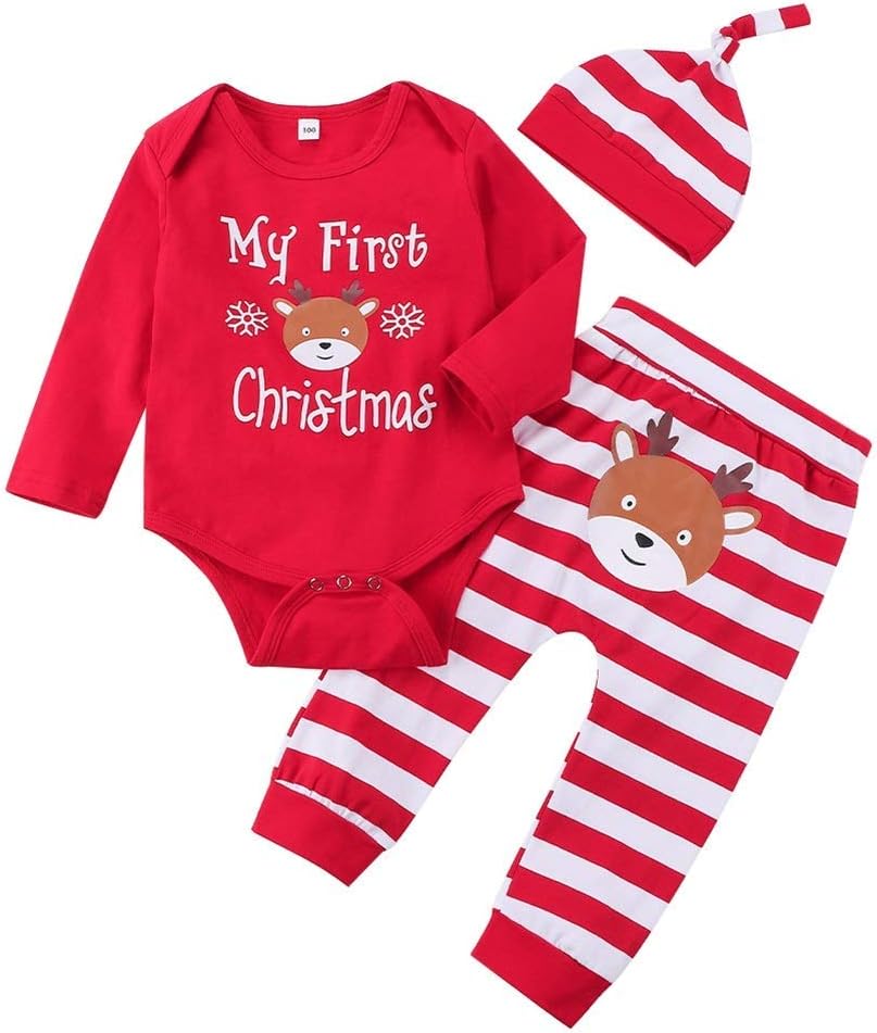 WexuuaMy First Christmas Baby Girls Boys Red Romper with Stripe Pants and Hat 3Pcs Newborn Outfit Set