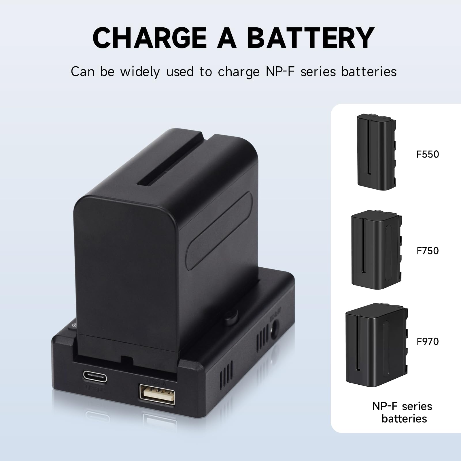 NP-F Piastra adattatore per batteria Sony NP-F980, 970, 750, 550, con ingresso di tipo C, D-Tap, USB-A, 12 V DC / 8,4 V DC con supporto da 1/4" per l'alimentazione di telecamere
