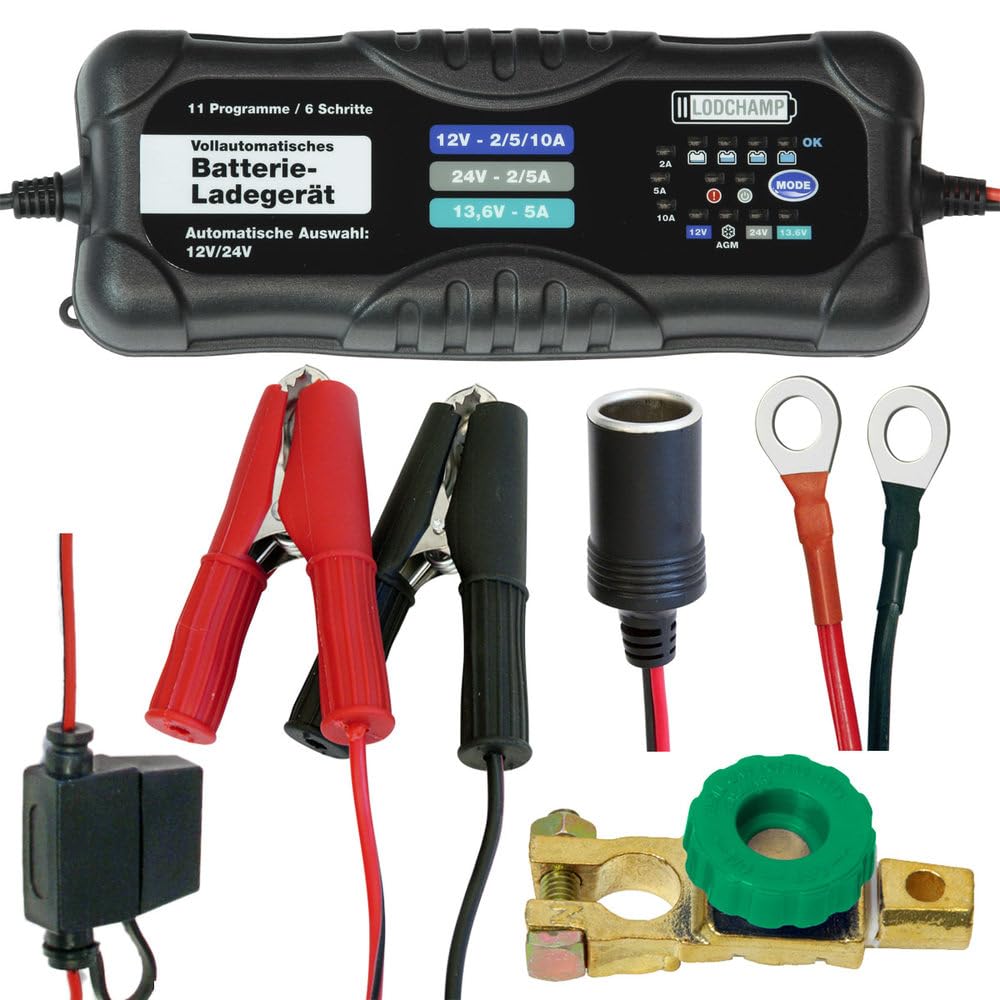 Bundle, 10A/5A Intelligentes Batterieladegerät, 12V/24V KFZ/LKW Ladegerät, Erhaltungsladegerät und Batterie Trennschalter Poltrenner Batterietrenner