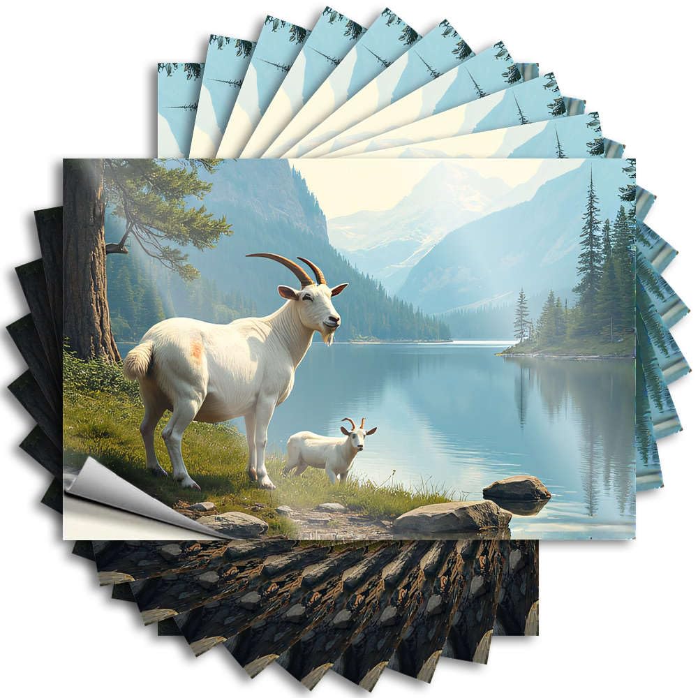Bathroom Stuff Decals - Happy Billiard Window A Goat and Its Kid Stand By A Serene Lake Surrounded By Mountains(8X12CM)