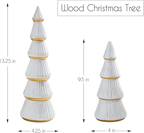 Miniatura 6 de WONDROUS' DECO Juego de 2 figuras de árbol de Navidad, decoración de mesa blanca y dorada, juego de 2 decoraciones artificiales de madera para árbol