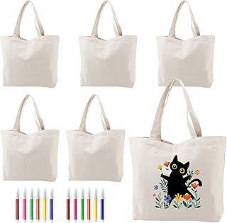 6 Pack Reusable Canvas Tote Bags with 12 Coloured Pen, Linen Tote Bags Bulk Cotton Heavy Duty Handy Grocery Bag Crafts White Bag Shopping Bag for DIY Gift Activity (15.5''x13''x3'')
