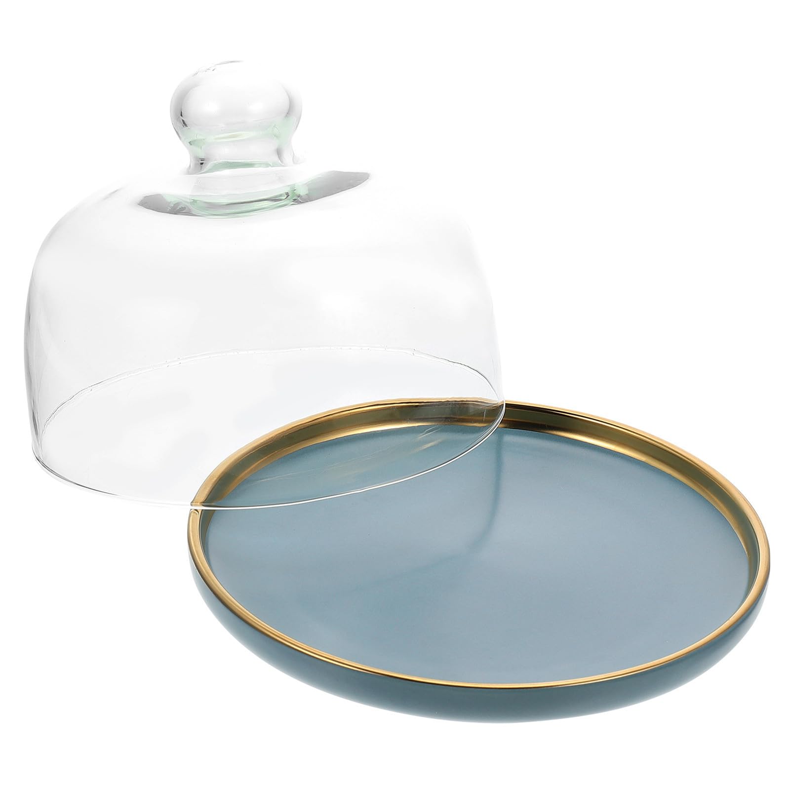 Uonlytech Cúpula de Cristal con Bandeja para Tartas y Postres, Soporte para Tarta de Boda en Vidrio Azul, Mantiene Frescura y Protege Alimentos en Celebraciones