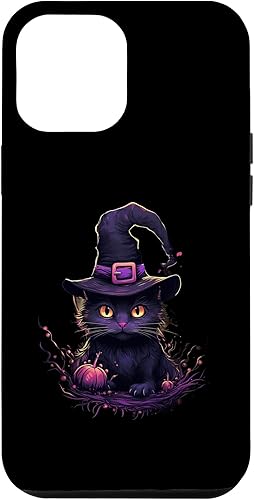 iPhone 13 Pro Max - Gorro de bruja de gato morado con imagen mágica de calabazas