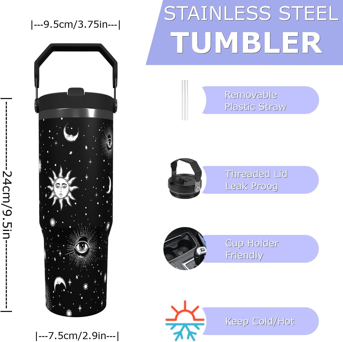 30oz Sun Moon Goth Tumbler with Top Handle Straw and Lid Water Bottle Reusable Stainless Steel Coffee Cup for Hot and Cold Drinks Gift for Women Man Gothic Travel Mug (sun moon, 30oz) - Image 2