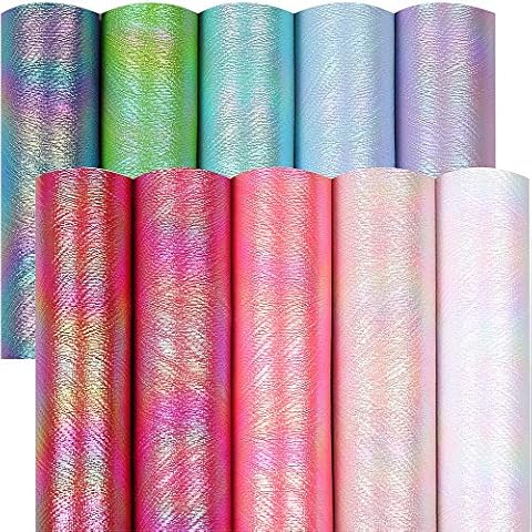 LOTOFUN Holographic Embossed Faux Leather Sheets: 10Pcs Rainbow Waved Glitter Leather Fabric 8x12Inch A4 for Bows Earrings Making DIY Craft Cover