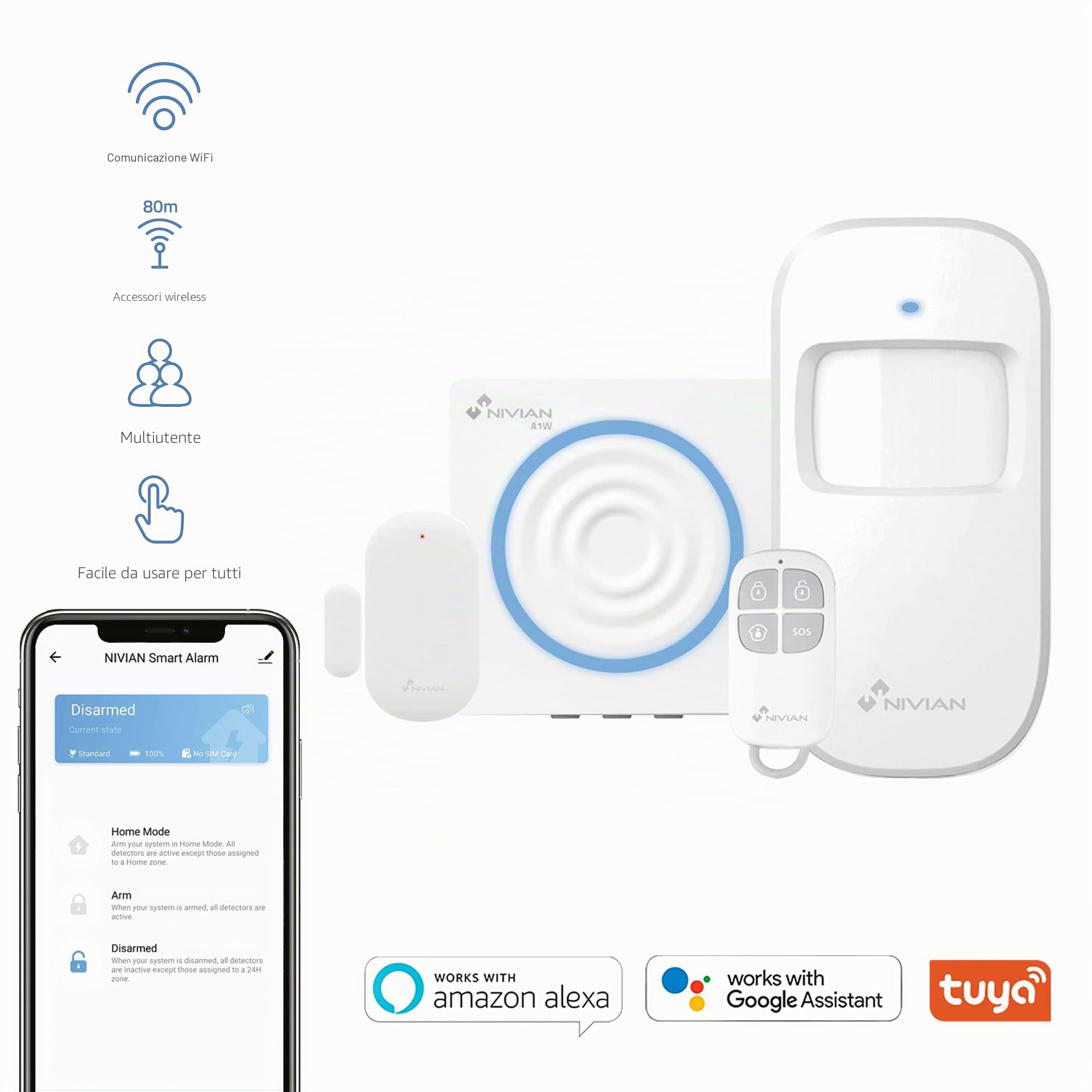 Sistema di allarme Nivian per casa e azienda senza canone mensile | Kit Allarme Wifi con Controllo Remoto tramite APP Tuya | Funzione SOS | Installazione semplice senza cavi