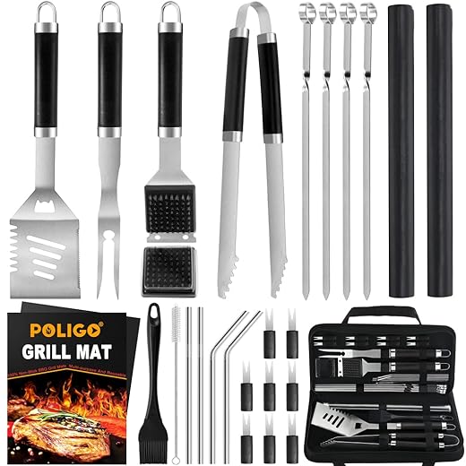 POLIGO 26 PCS Grill Set Backyard BBQ Grill Accessories Stainless Steel Grill Utensils Set with Bag for Christmas Dads Birthday - Camping BBQ Tools Grilling Tools Set Ideal Grilling Gifts for Men Women