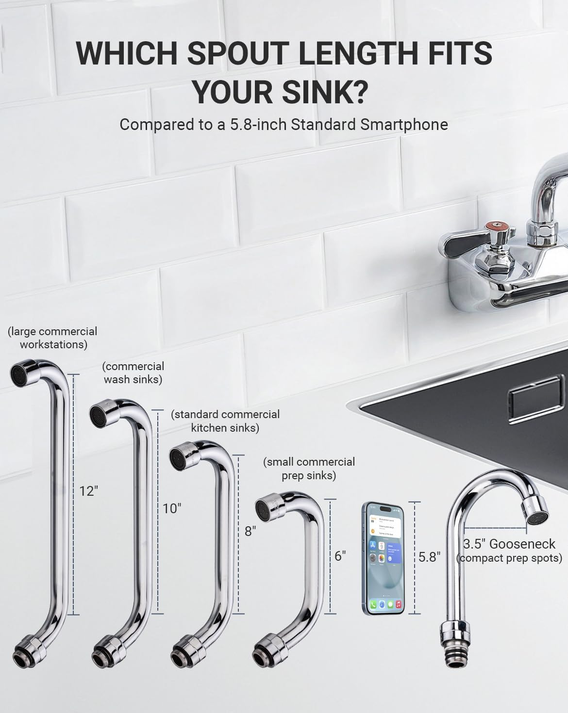 Commercial Sink Faucet - Leak Free Brass 4 Inch Wall Mount 2 Hole, 12" Swivel Spout 3 Compartment Sink Faucet for Restaurant/Industrial/Kitchen/Laundry/Bar