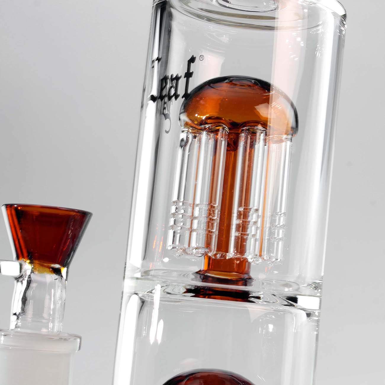 Black Leaf Percolator Bong 39 cm | Amber/Bernstein | Glasbong 18,8 (NS 19) aus Borosilikatglas mit 3 x 8-Arm Baumperkolator, Lift-Off-Kopf & Gebogenem Mundstück | Kräuter Perkolatorbong | Ø 64/27mm
