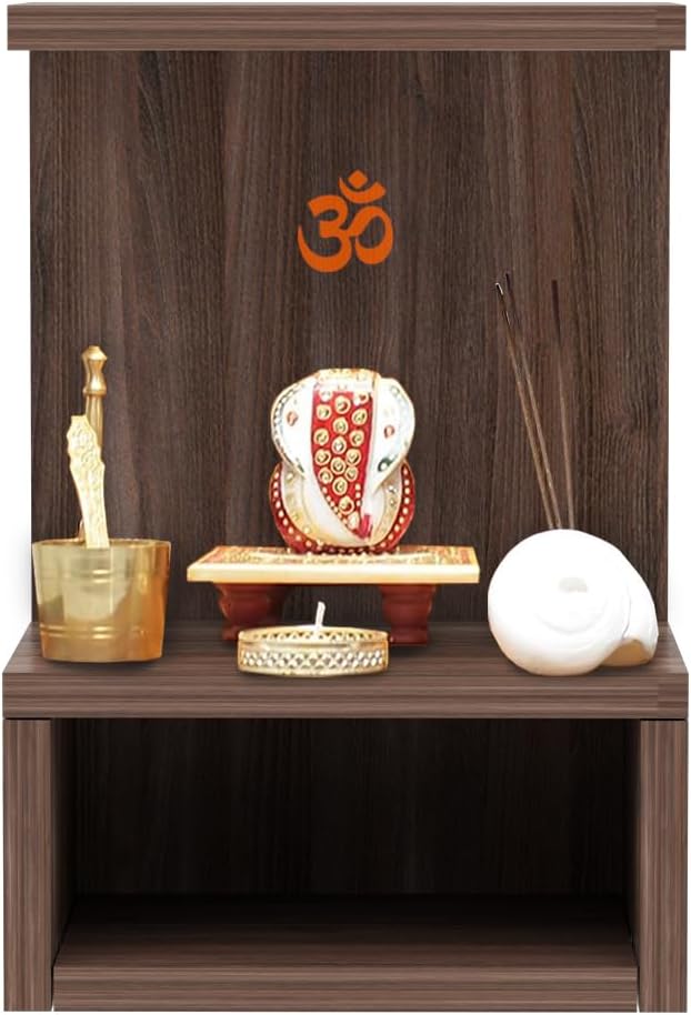 Mahmayi Modern Wooden Mandir, Temple with Single Open Shelf for Storage Pooja Essentials Sturdy Steel Legs Ideal for Home, Office, Temple - Truffle Brown Branson Robinia