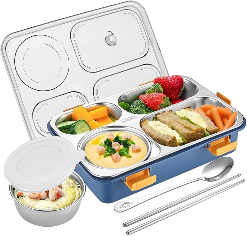 4 Compartment Stainless Steel Lunch Box with Spoon and Chopsticks, BPA-Free Bento Box for Adults and Kids, Perfect for On-The-Go Meal, Office, School, Colleges (4 Compartment)