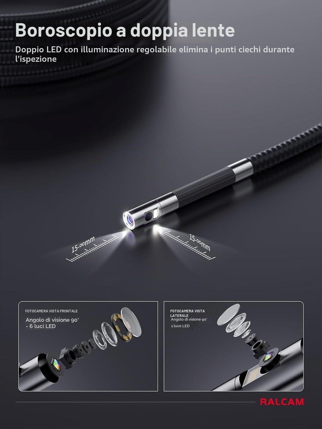 Ralcam Telecamera Endoscopica 360° a Doppio Obiettivo, Schermo HD da 5", Sonda da 6,5 mm, Impermeabile IP67, con 6+1 LED e Cavo Semirigido da 1,5 m per Ispezione di Tubi e Motori