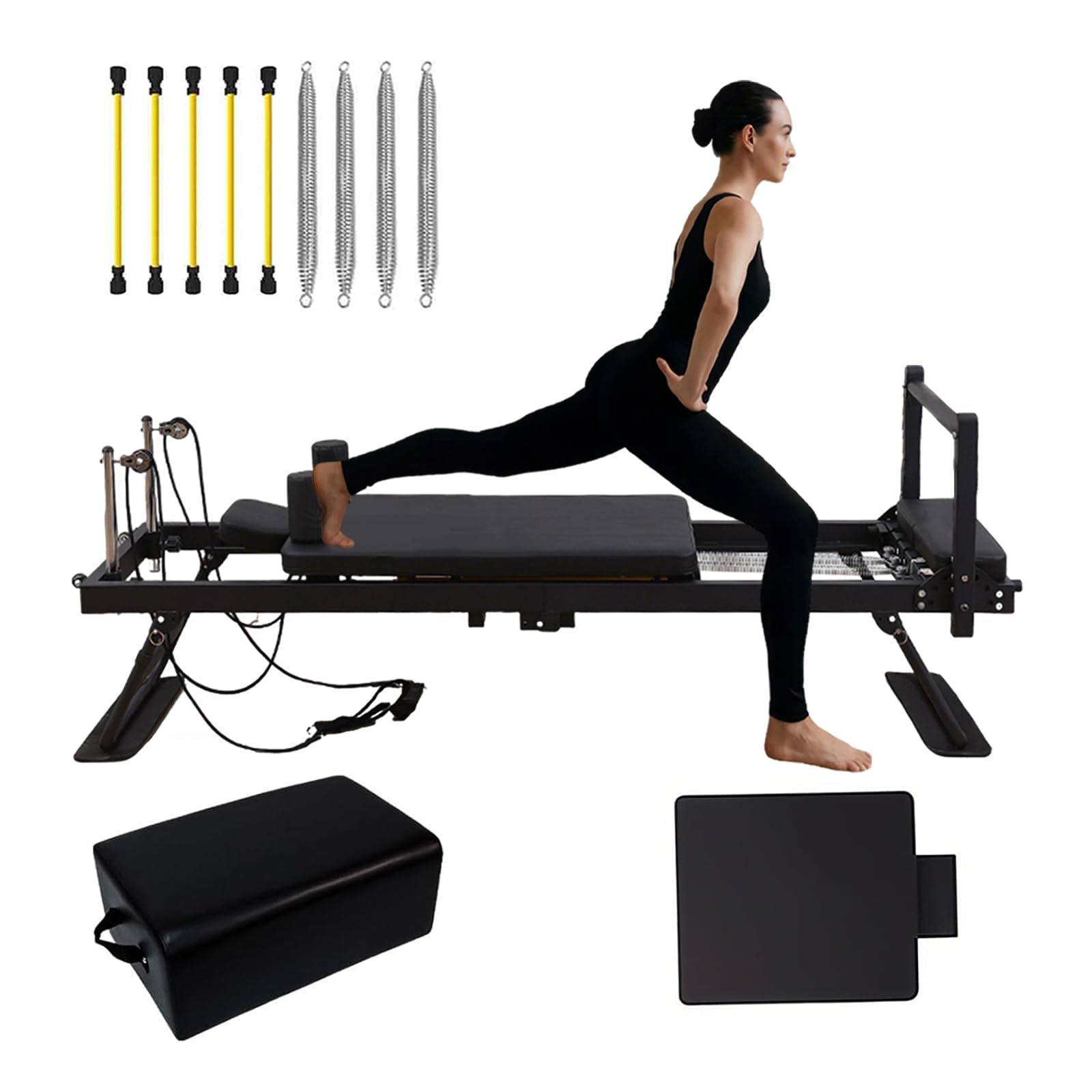 Pilates Reformer für Zuhause, Faltbares Pilates-Gerät und Zubehör mit Sprungbrett für Zuhause, Studio, Fitnessstudio, Yoga, Trainingsgeräte,Black-20box
