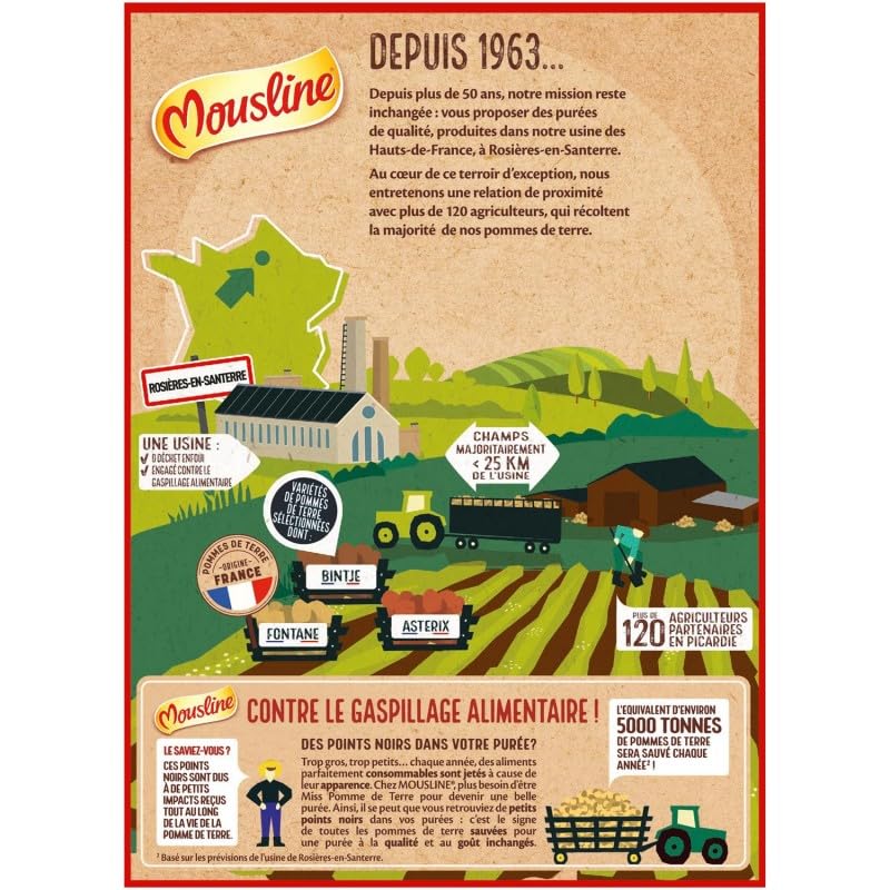 MOUSLINE Purée Nature 3 Sachets pour 2 | Format Pratique 195g | Purée de Pommes de Terre Savoureuse | Idéale pour vos Accompagnements Quotidiens! - Le Lot De 4