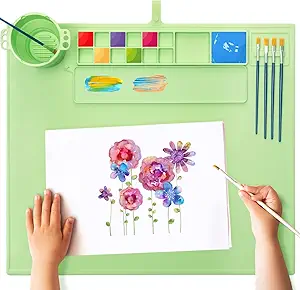 Silicone Painting Mat for Table Protection, 20"x16" Non-Slip Silicone Craft Art Mat with Cup and Lid for Painting, DIY, Resin, Clay, Green