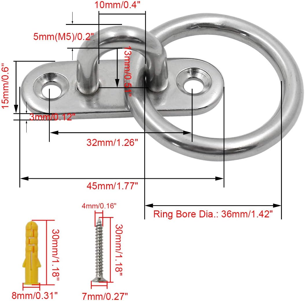 4Pcs M5 Ceiling Wall Mount Hook, Pad Eye Plate, Heavy Duty Anchor with Ring, 304 Stainless Steel, Great for Yoga Swings Hammocks/Boat Rigging/Marine Deck Hardware/Suspension Training Straps