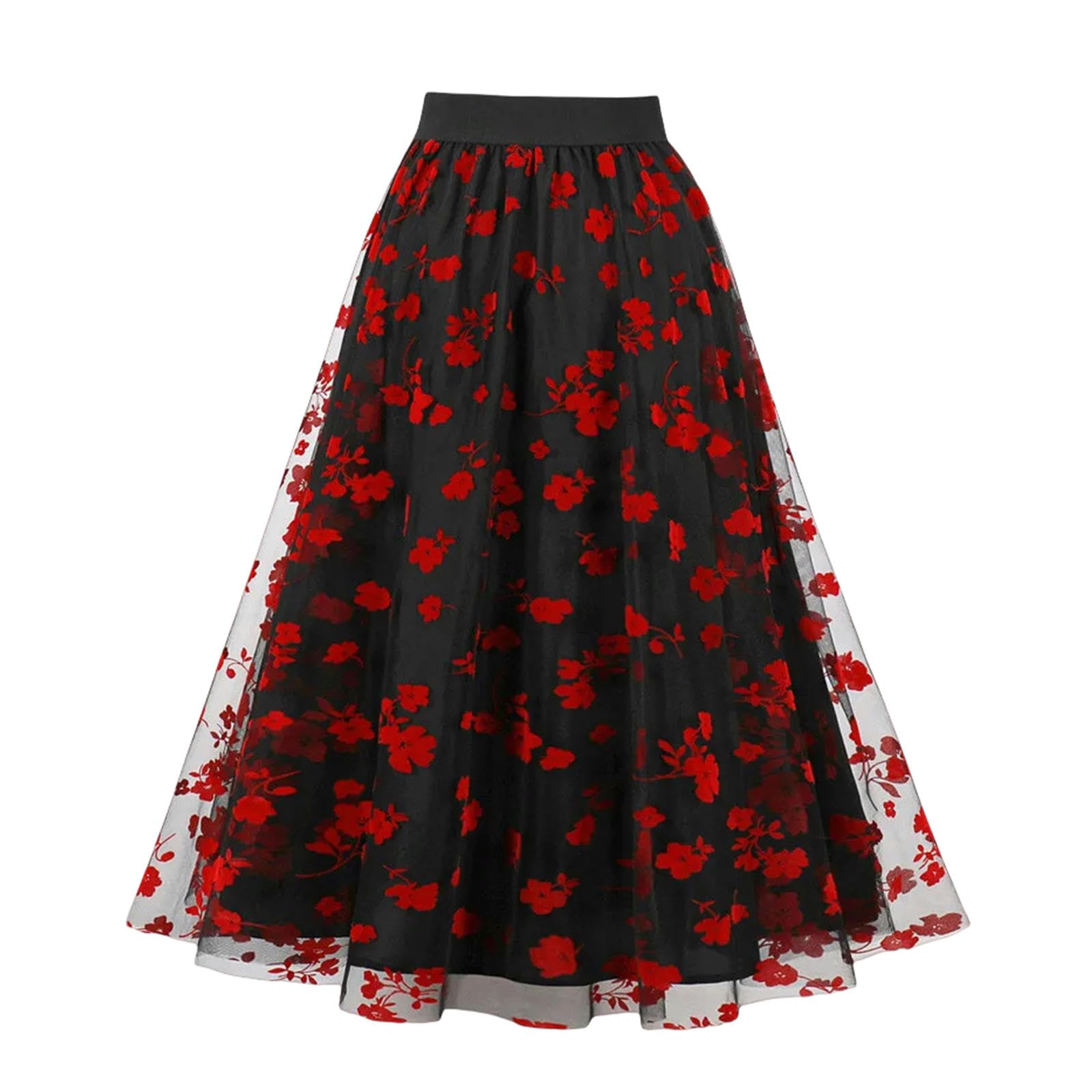 Spódnica elegancka flokowana kwiatowa siateczkowa długie spódnice dla kobiet vintage letnia odzież uliczna wysoka talia linia A casual spódnica
