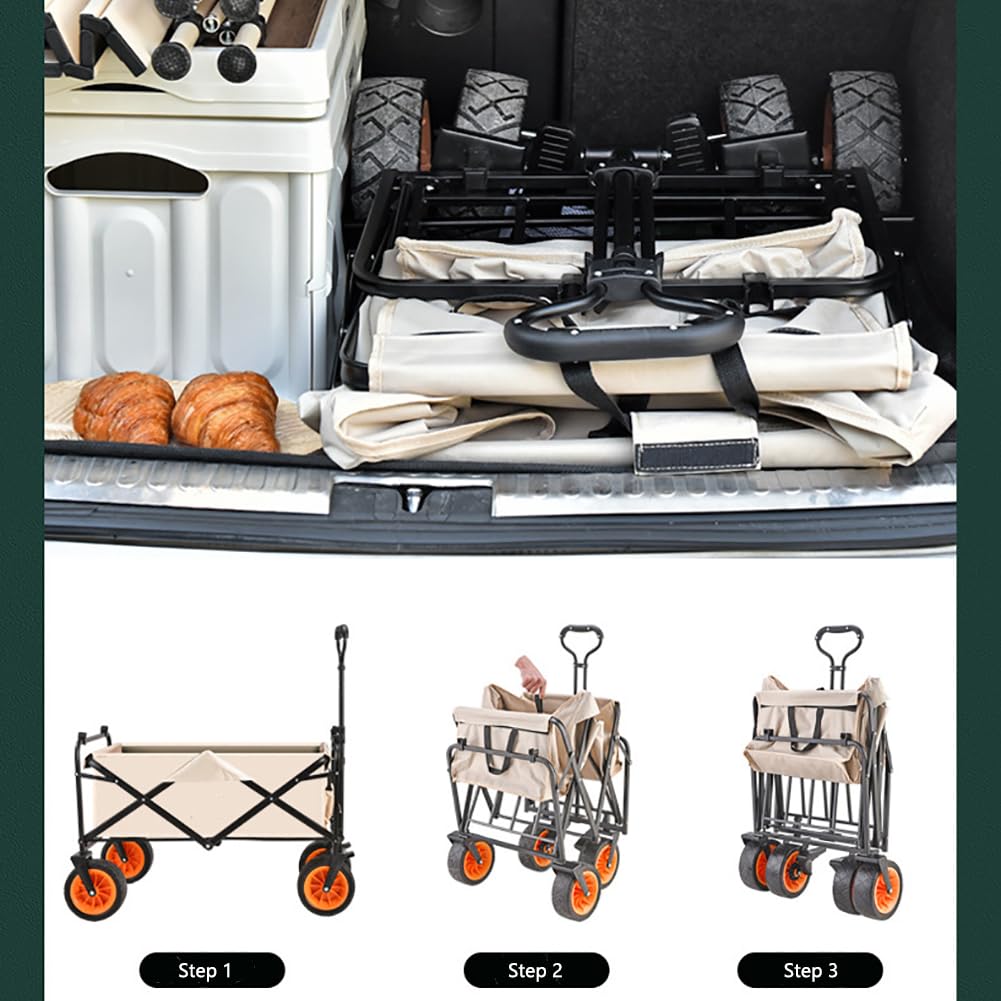 Carrito de camping plegable, todo terreno con ruedas extra anchas, asa ajustable, bolsillos delanteros, capacidad de 150 L, soporta 150 kg, perfecto para uso en la playa y el jardín
