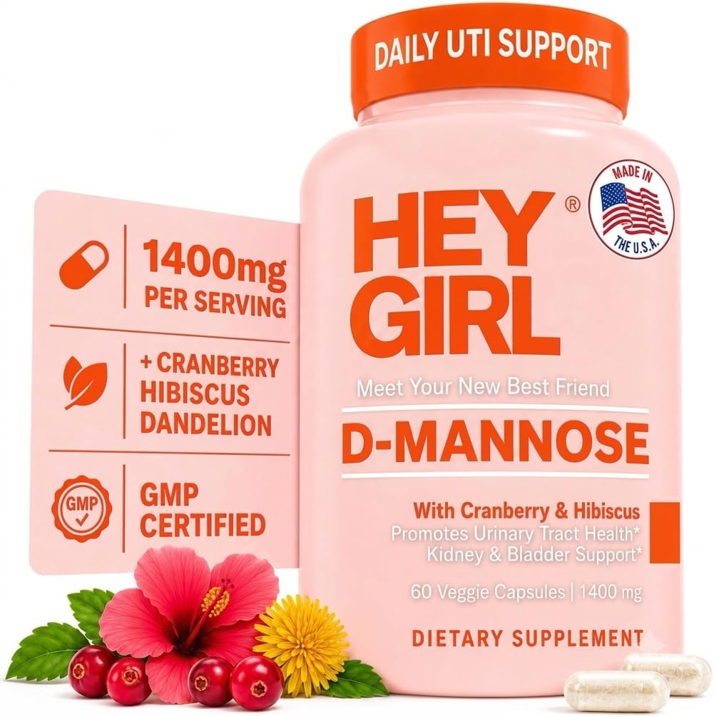 Hey Girl D Mannose Supplements for Women, D-Mannose 1000mg UTI Pills with Cranberry, Hibiscus & Dandelion - Urinary Tract Supplement, Bladder & Kidney Health, 60 Vegan Capsules