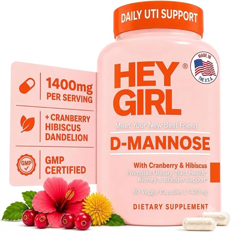 Hey Girl Tea Suplemento para o Trato Urinário com D-manose 1000 mg, cranberry, hibisco e dente-de-leão, 60 cápsulas veganas