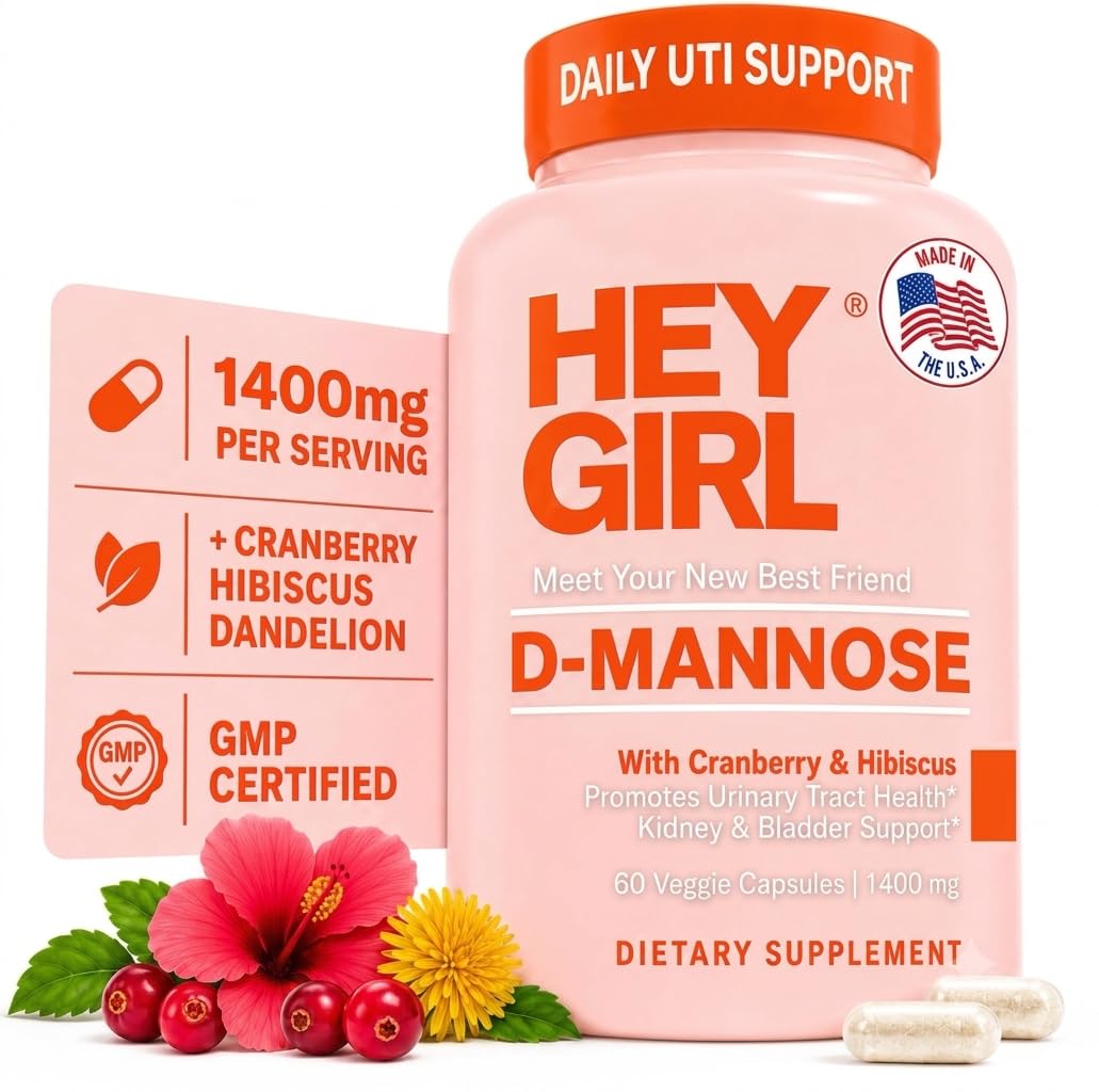Hey Girl D Mannose Supplements for Women, D-Mannose 1000mg UTI Pills with Cranberry, Hibiscus & Dandelion - Urinary Tract Supplement, Bladder & Kidney Health, 60 Vegan Capsules
