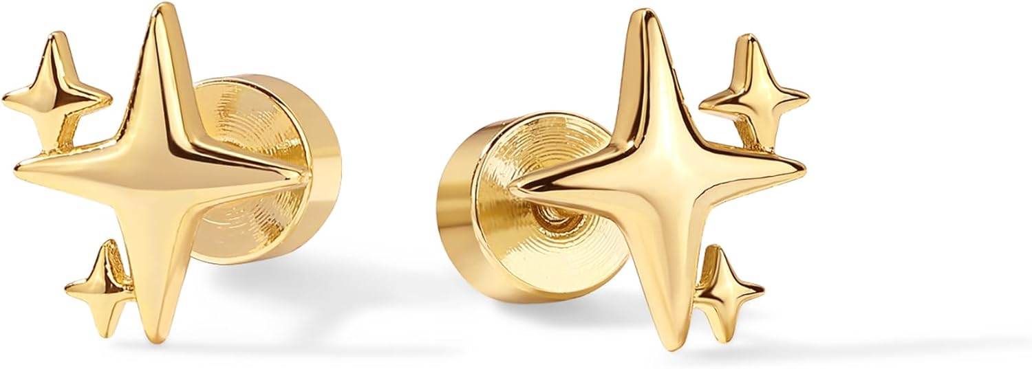 PAVOI 14K Gold Plated Dainty Flat Back Earrings for Women - Hypoallergenic Sterling Silver Posts Helix Cartilage Piercing Jewelry - Emoji Motif Bow Celestial Flatback Gold Stud Earrings Screw Back - Image 3