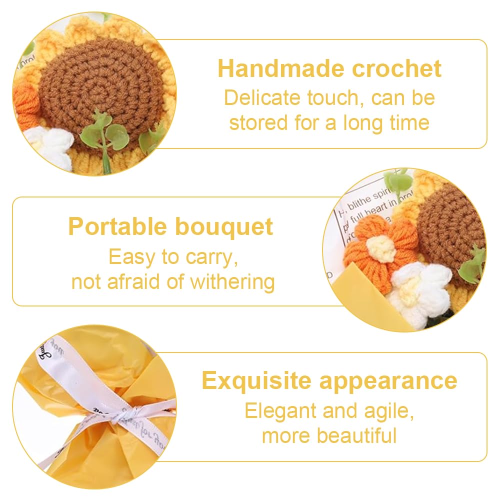 Bouquet de fleurs au crochet, tournesol au crochet, fleurs tricotées avec lumière LED, bouquet de fleurs au crochet pour la fête des mères, la Saint-Valentin, un anniversaire, une remise de