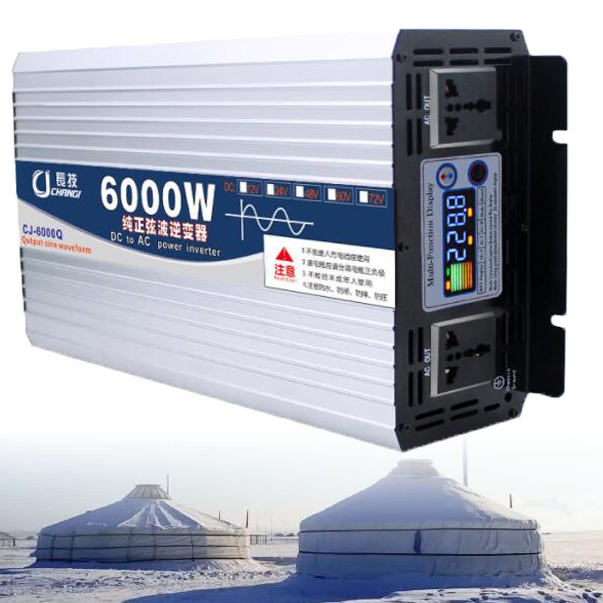 Falownik sinusoidalny 6000W/8000W/10000W/12000W przetwornica napięcia 12V 24V 48V 60V 72V 230V z 2 gniazdami EU i kolorowym wyświetlaczem,6000W-24Vto220V