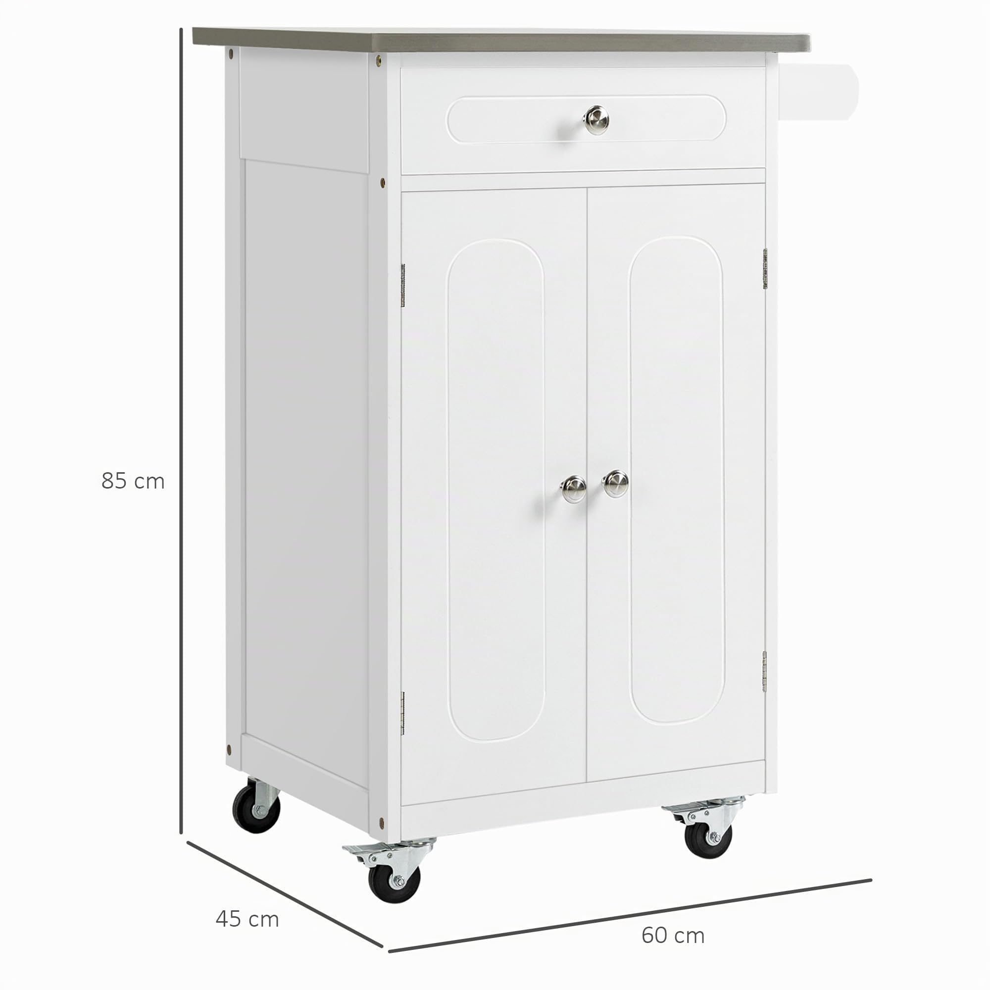 HOMCOM Carrello da cucina con ruote, multiuso, 1 cassetto, armadio a 2 ante con ripiano porta strofinacci in MDF bianco acciaio inossidabile
