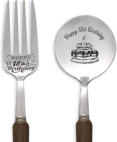 Cena de feliz cumpleaños número 18 con mango de madera, cuchara y tenedor, regalo de cumpleaños personalizado para hijo, hija, hermana, hermano,
