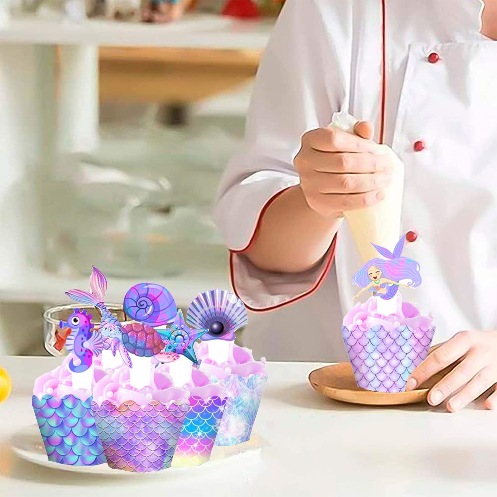 40 Pirottini E Topper Per Cupcake A Tema Sirena – 20 Pirottini E 20 Decorazioni (5 Stili) – Per Compleanni E Baby Shower, Colori Blu E Viola