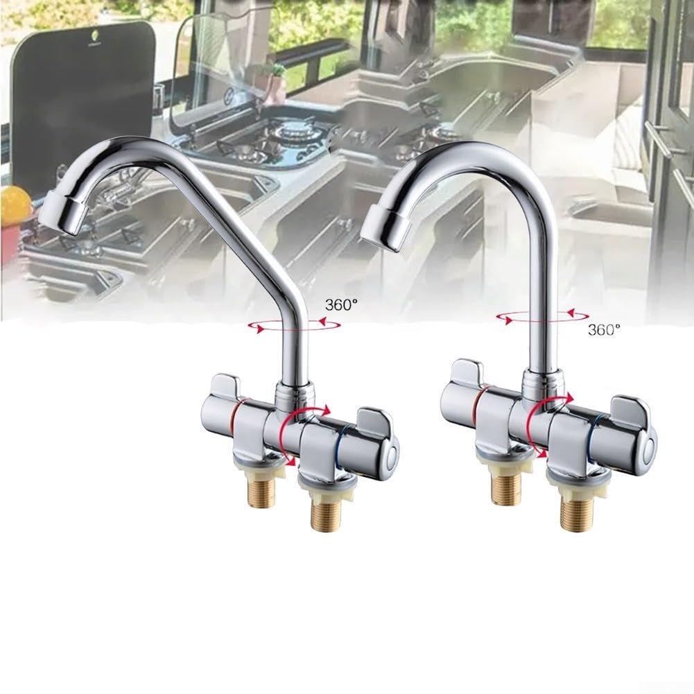 Doble manija plegable agua caliente y fría RV 360 grifo giratorio del fregadero con caño giratorio para cámper, barco, yate, cocina, latón, acabado cromado, color plateado, G1, 2 roscas, agujero de