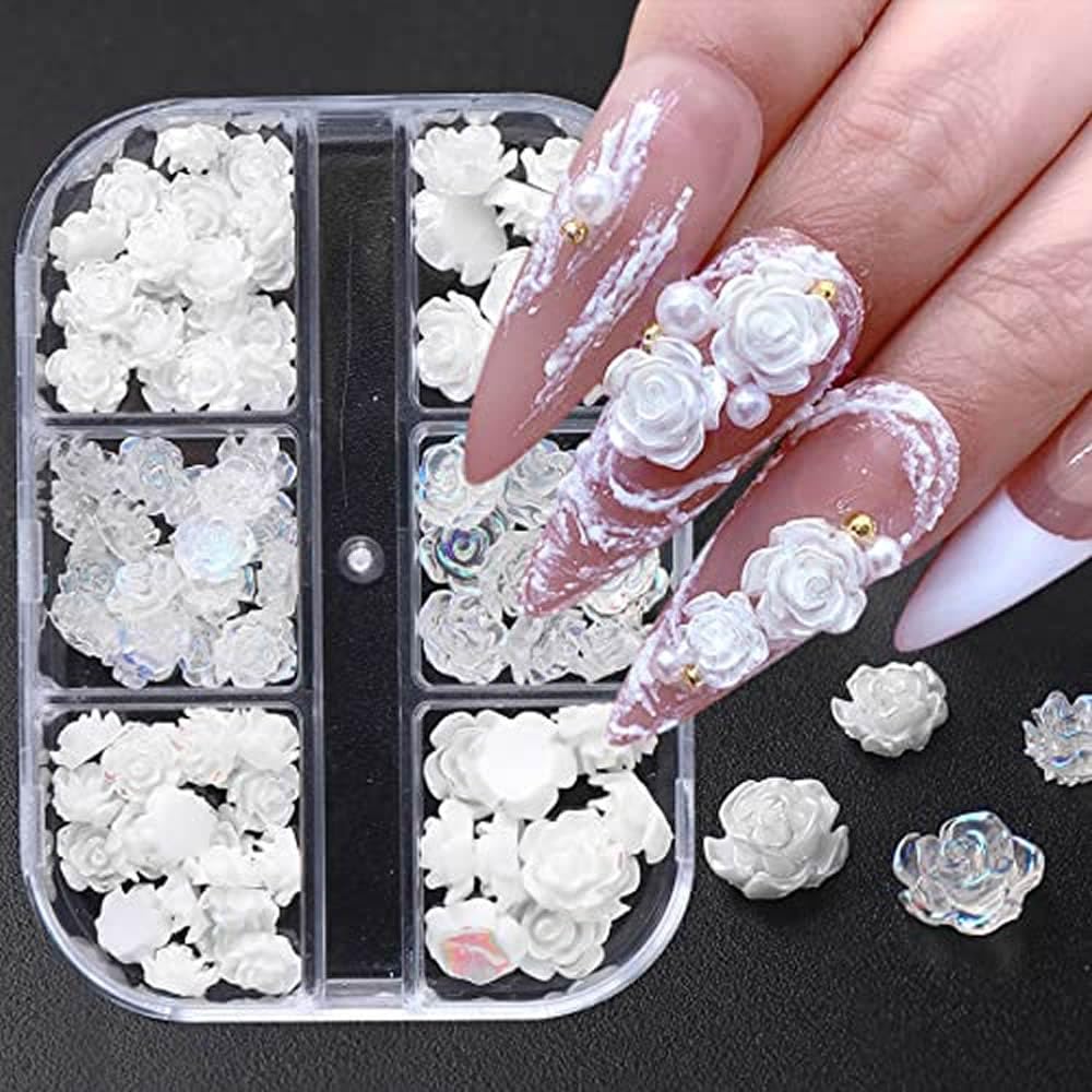 Kulis White 3D Acrylic Rose Nail Flower Nail Charms 3D White Aurora Camellia Nail Art Jewelry Acrylic Resin Flowers Design | Nail Charms for DIY Nail Decorations Accessories Rhinestone Decor 60Pcs-image-34