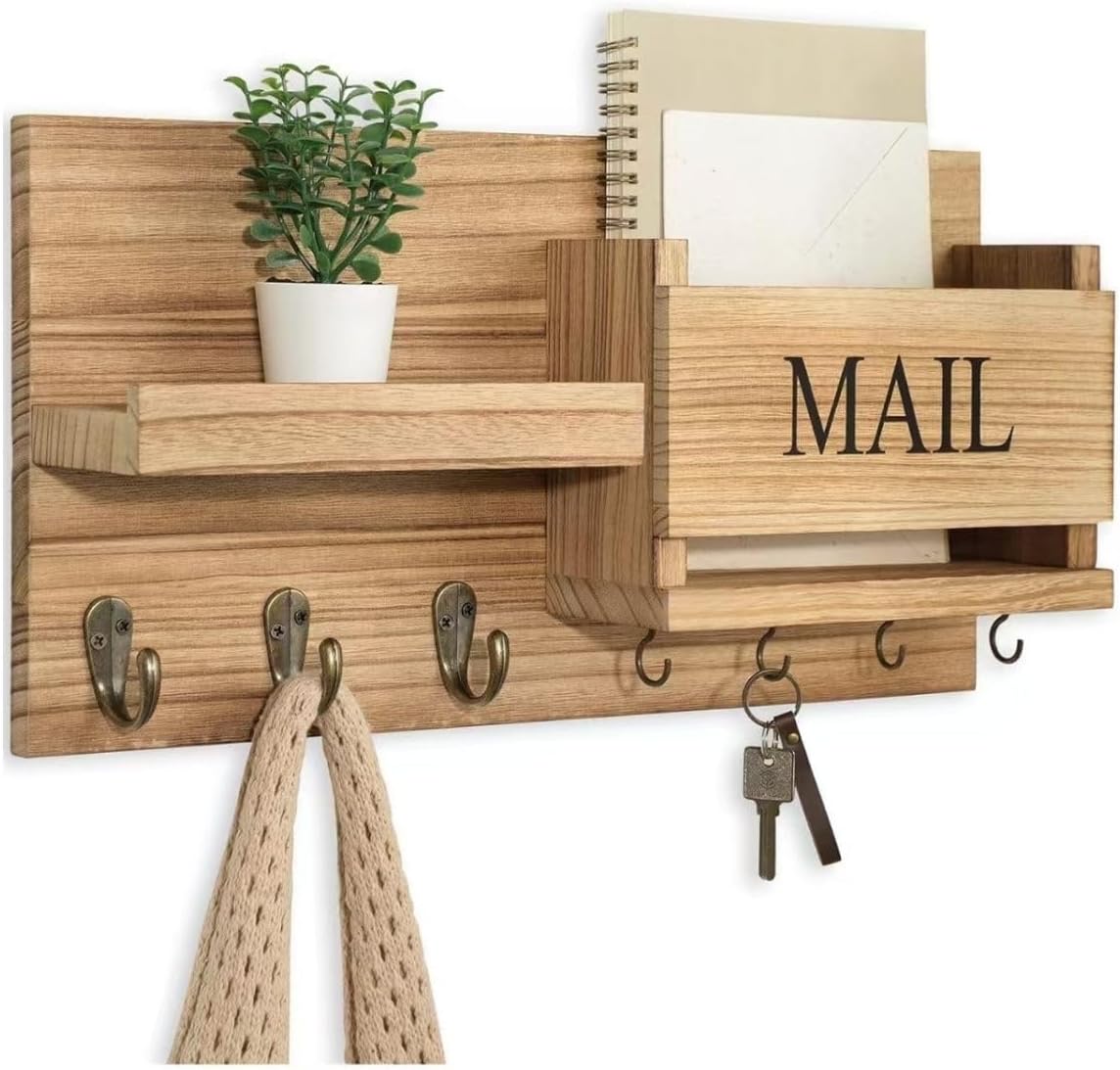 Rustic Wood Mail Organizer with Key Holder - Wall Mounted Vintage Mail Sorter & Entryway Organizer (6 hooks)