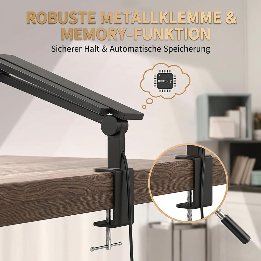 Schreibtischlampe LED Dimmbar, 24W 1500LM Doppelkopf 95cm Breit mit 7 Gelenke Schwenkarm Auto-Dimming Tischlampe für L-Form Schreibtisch & Dual-Monitor, Home Office, Schwarz