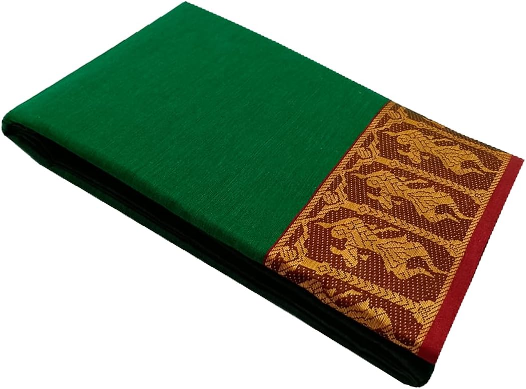 Samyuktha Handmade Bharatanatyam & Kuchipudi Dance Practice Cotton Saree (Cross Green With Red&Yellow Colour Doll Border)