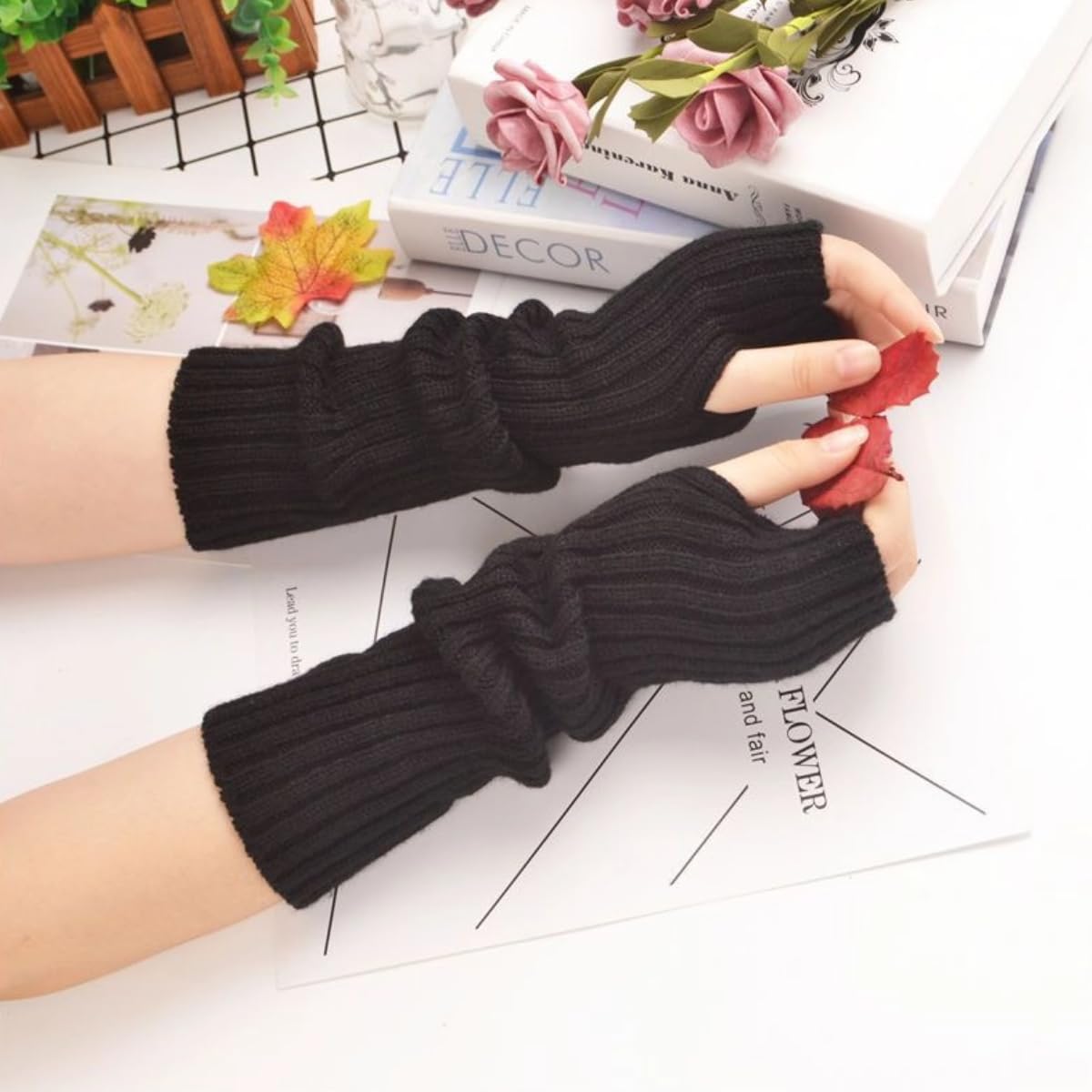 VTTDB Arm covers cute women kawaii japanese harajuku Y2k Arm Warmer for Girls Goth Gloves Fingerless Knitted Arm Sleeve: Black