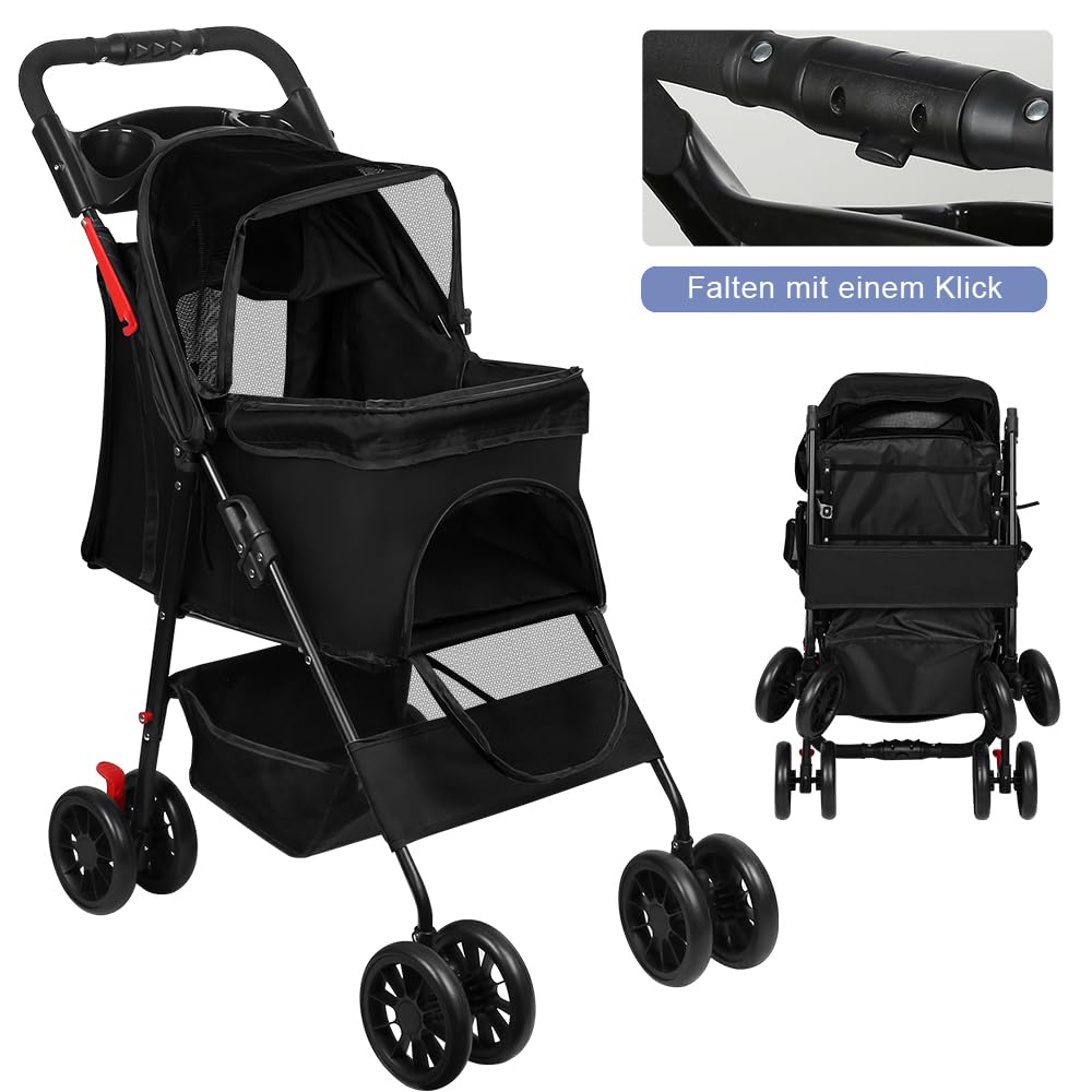 OHMG 3 en 1 Poussette buggy pliable animaux chariot pliante chien chat porte-gobelet panier de rangement inclus roues avec frein tissu 600D Oxford acier,Jusqu'à 40 kg,98 * 67 * 46cm-Noir