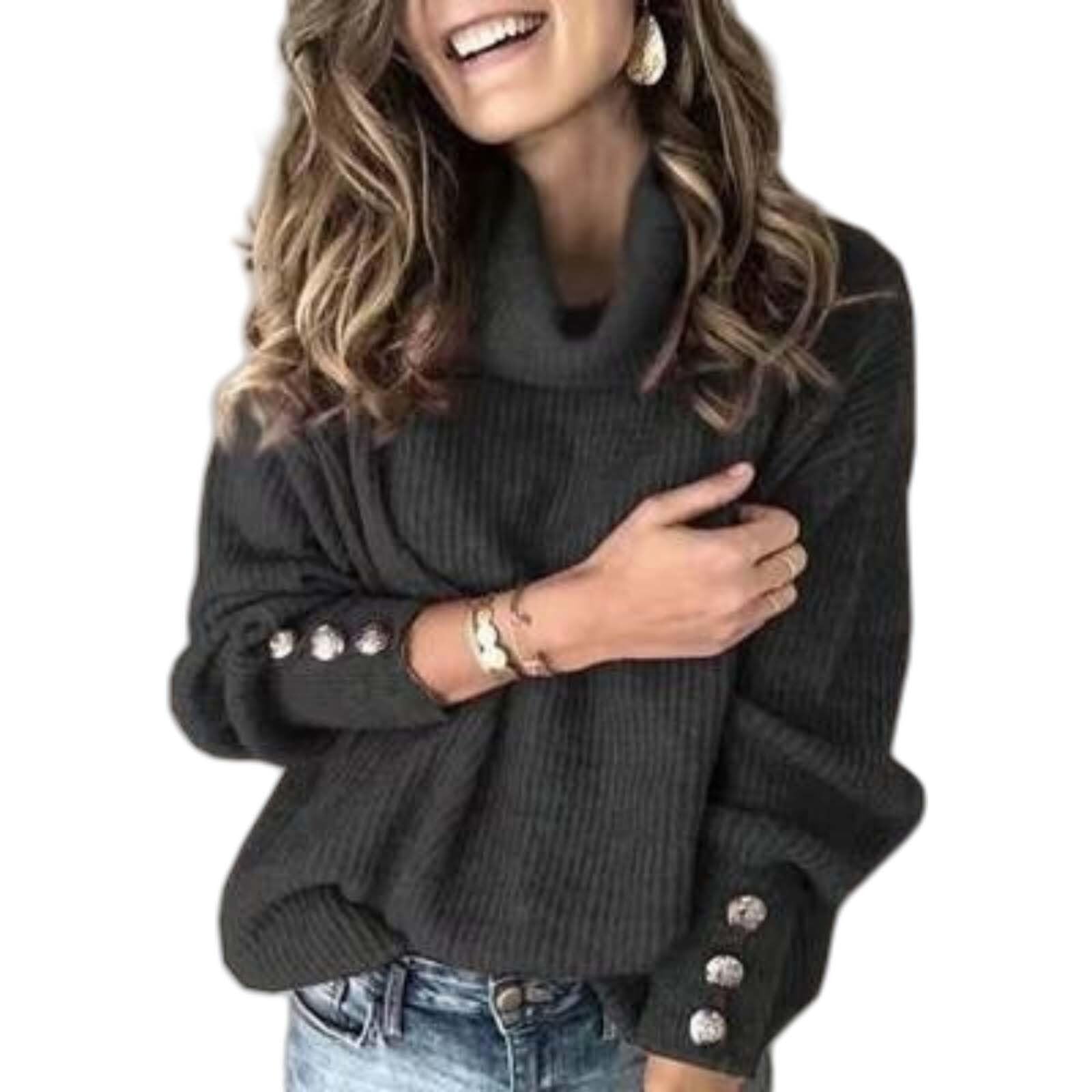 Turtleneck Cable Knit Pullover Sweaters for Women Oversized Button Sleeve Lightweight Tunic Tops