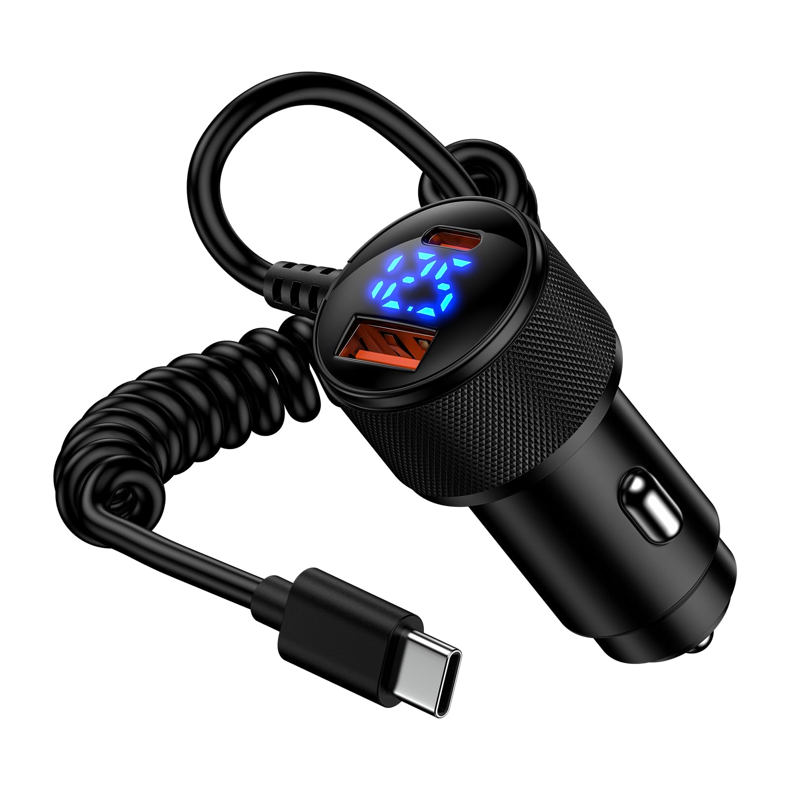 Vedfoad カーチャージャー iPhone17 78W 3台同時急速充電 PD/QC3.0対応 LED電圧表示 シガーソケット USB-A&USB-C 車載充電器 1.2m 30W Type-C コイルケーブル付き 12V/24V車対応 iPhone17、16シリーズ/iPad/Galaxy/Googleなど対応(ブラック)