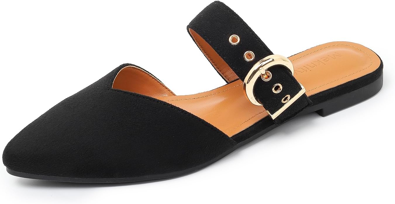 Pointed Toe Mules for Women,Adjustable Strap Backless Loafers in Synthetic Suede, Dressy Casual Slip-On Flats