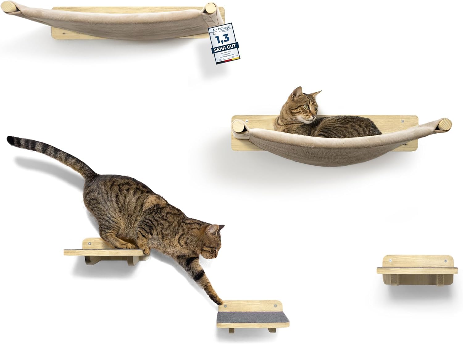 WOOWOOD® 2X Kletterwand Katzen - 3X Katzentreppe Wand- Kratzbaum Wand - Hängematte Katze - Wandkratzbaum - Katzenmöbel - Katzenwand - Katzen Kletterwand Set - Naturhell