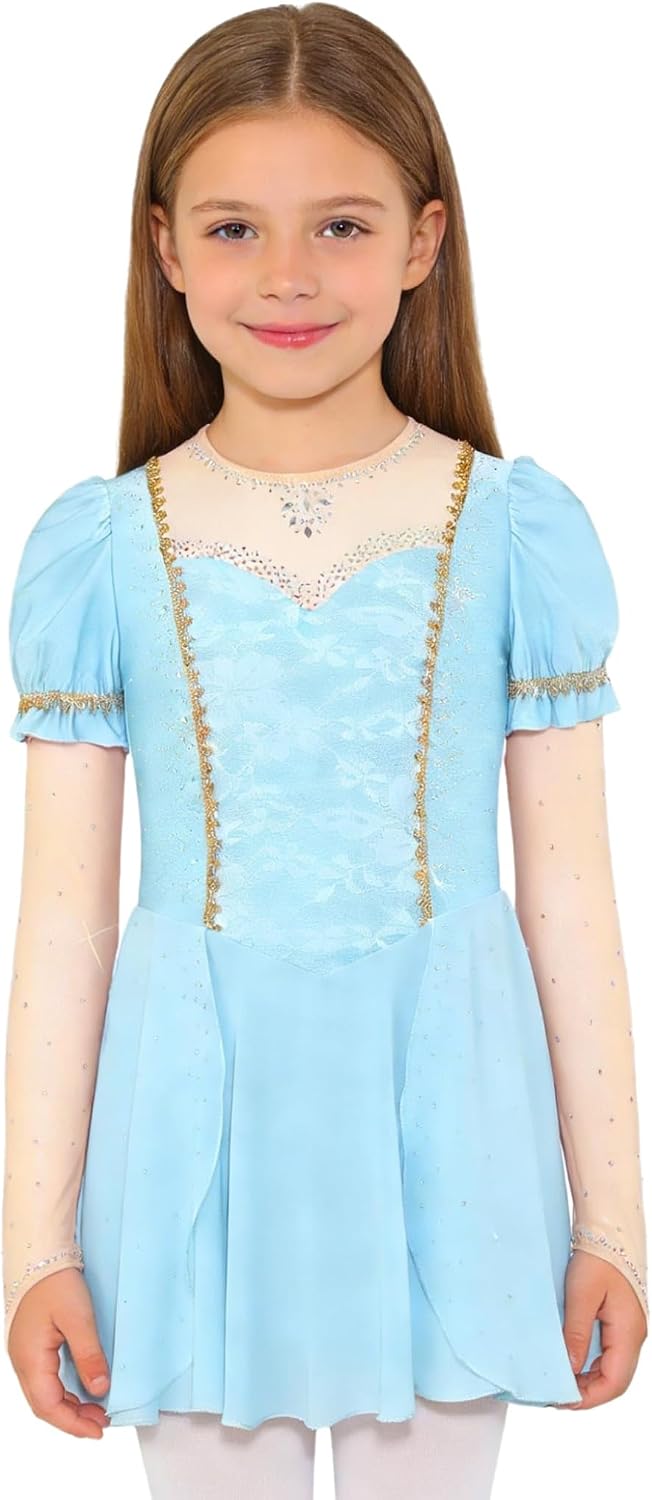 Girls Princess Dance Dress Rhinestones Patchwork Braid Tape Decor Ruffled Chiffon Dress Build in Briefs